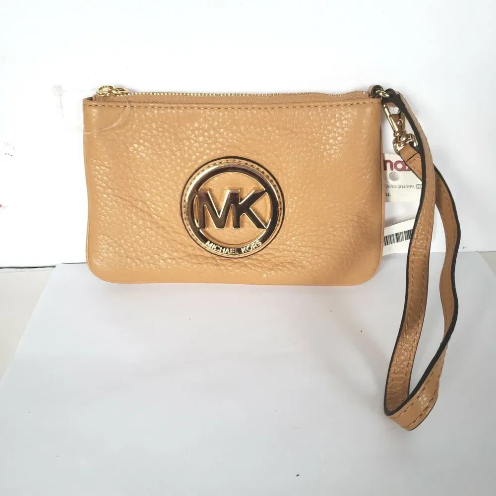 MICHAEL KORS MK Fulton Brown Pebble Leather Zip Around Card Clutch Wristlet New
